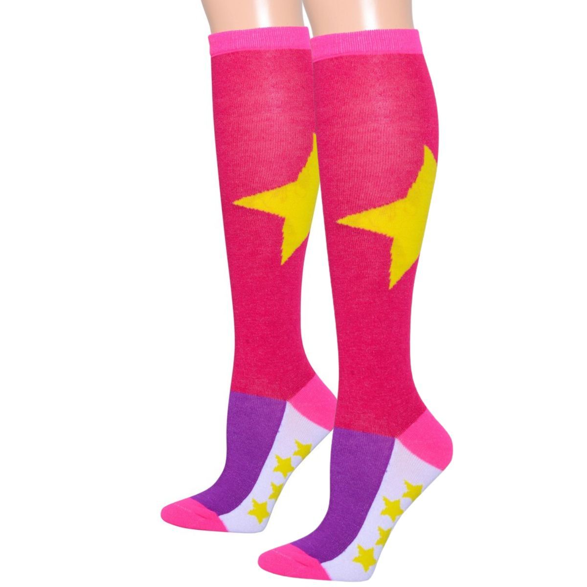 Knee Socks Fuchsia Color Block Star Trendy Stylish Accessories
