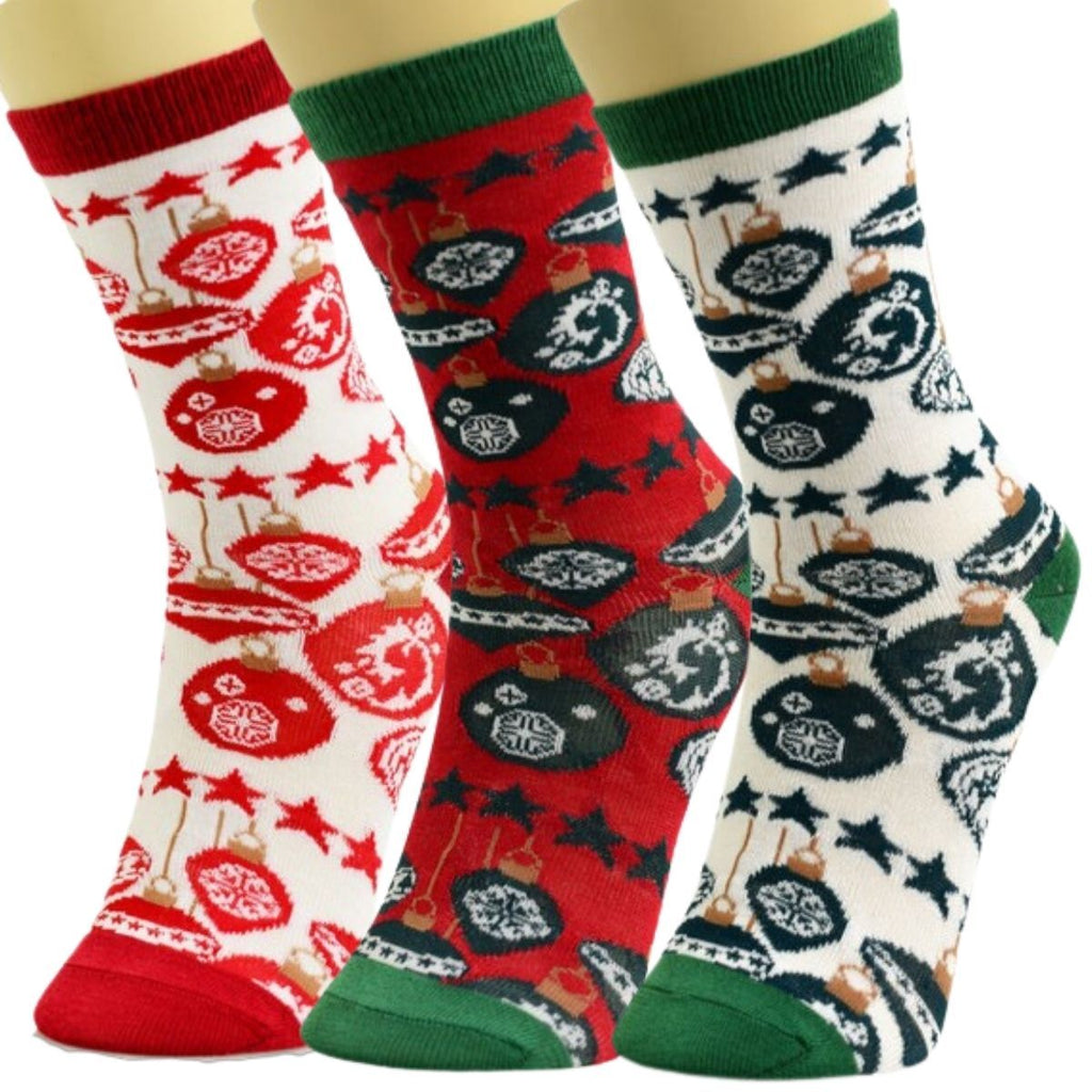Crew Socks 3 Pcs with Xmas Ornament Design – Trendy Casual Holiday Socks