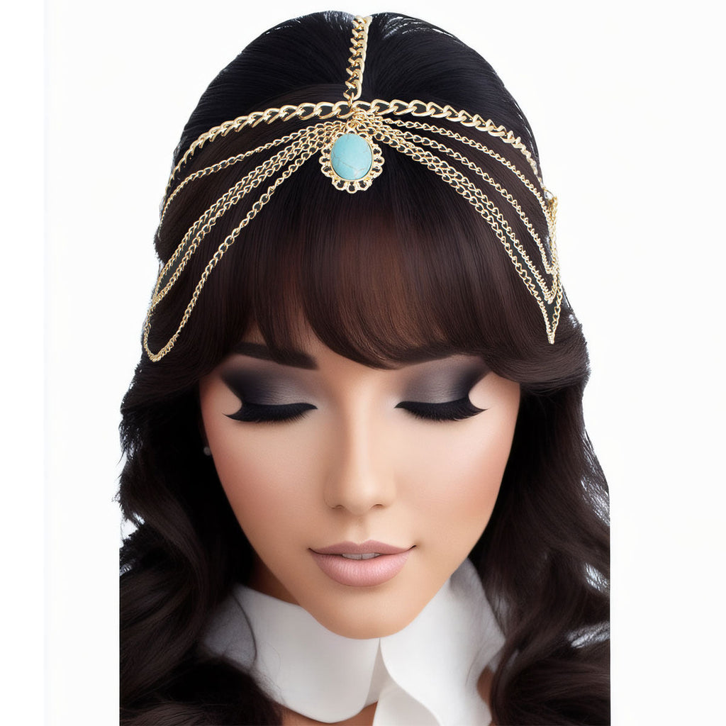 Head Chain Gold and Turquoise Stylish Statement Jewelry Accessory
