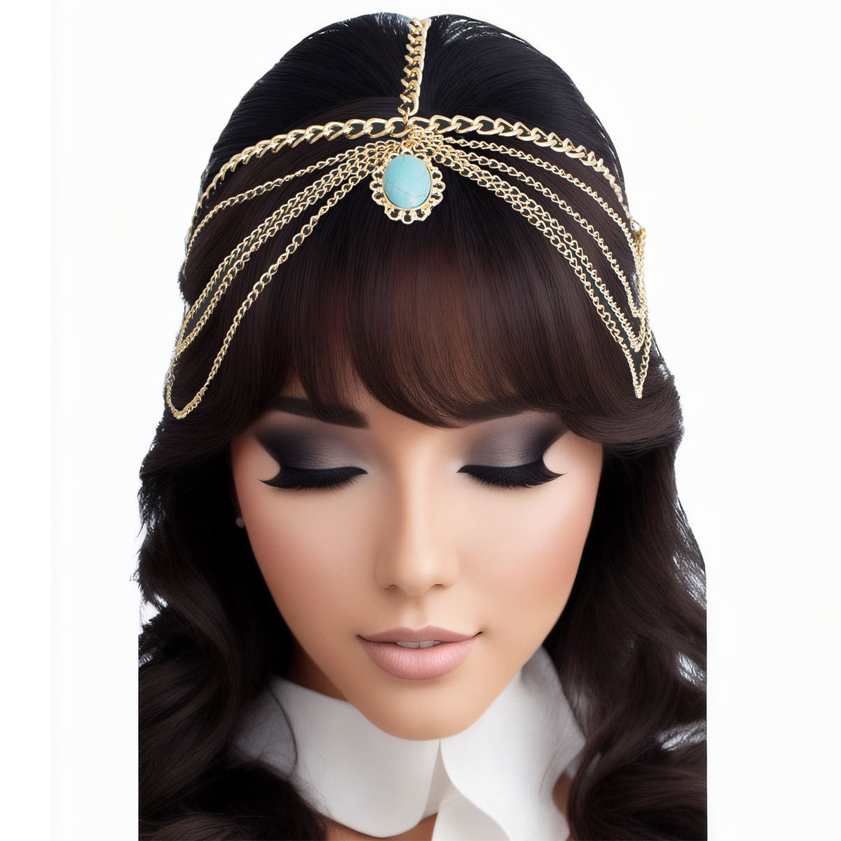 Head Chain Gold and Turquoise Stylish Statement Jewelry Accessory