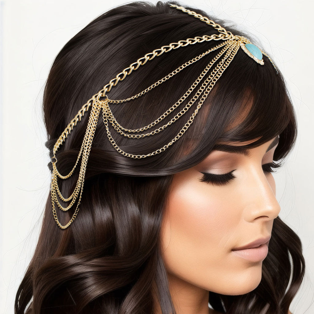 Head Chain Gold and Turquoise Stylish Statement Jewelry Accessory