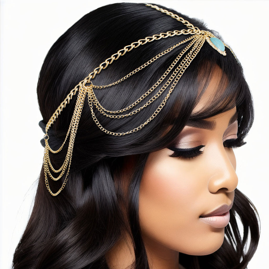 Head Chain Gold and Turquoise Stylish Statement Jewelry Accessory