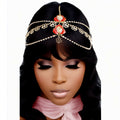 Statement Flower Head Chain with Gold and Red Clear Crystals, Stylish Fashion Jewelry