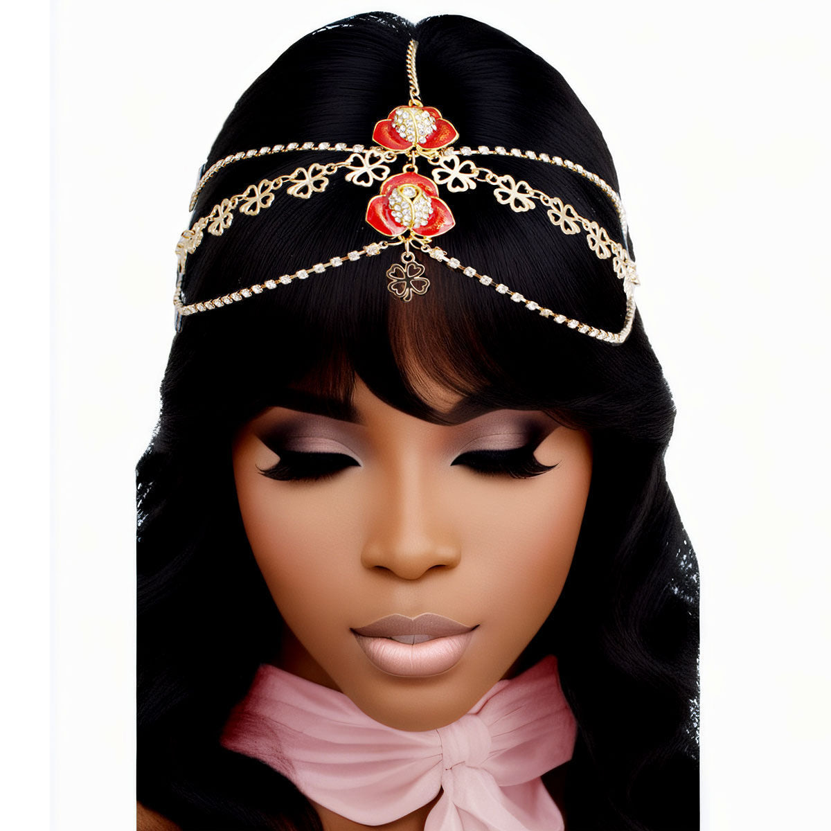 Statement Flower Head Chain with Gold and Red Clear Crystals, Stylish Fashion Jewelry