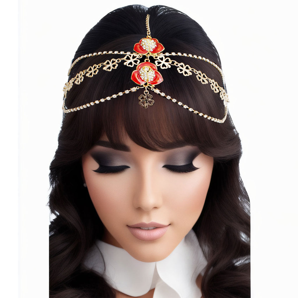 Statement Flower Head Chain with Gold and Red Clear Crystals, Stylish Fashion Jewelry