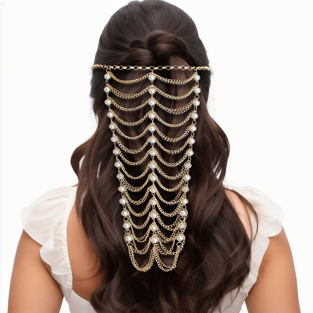 Hair Chain with Gold and Pearl Accents – Stylish Statement Jewelry Accessory