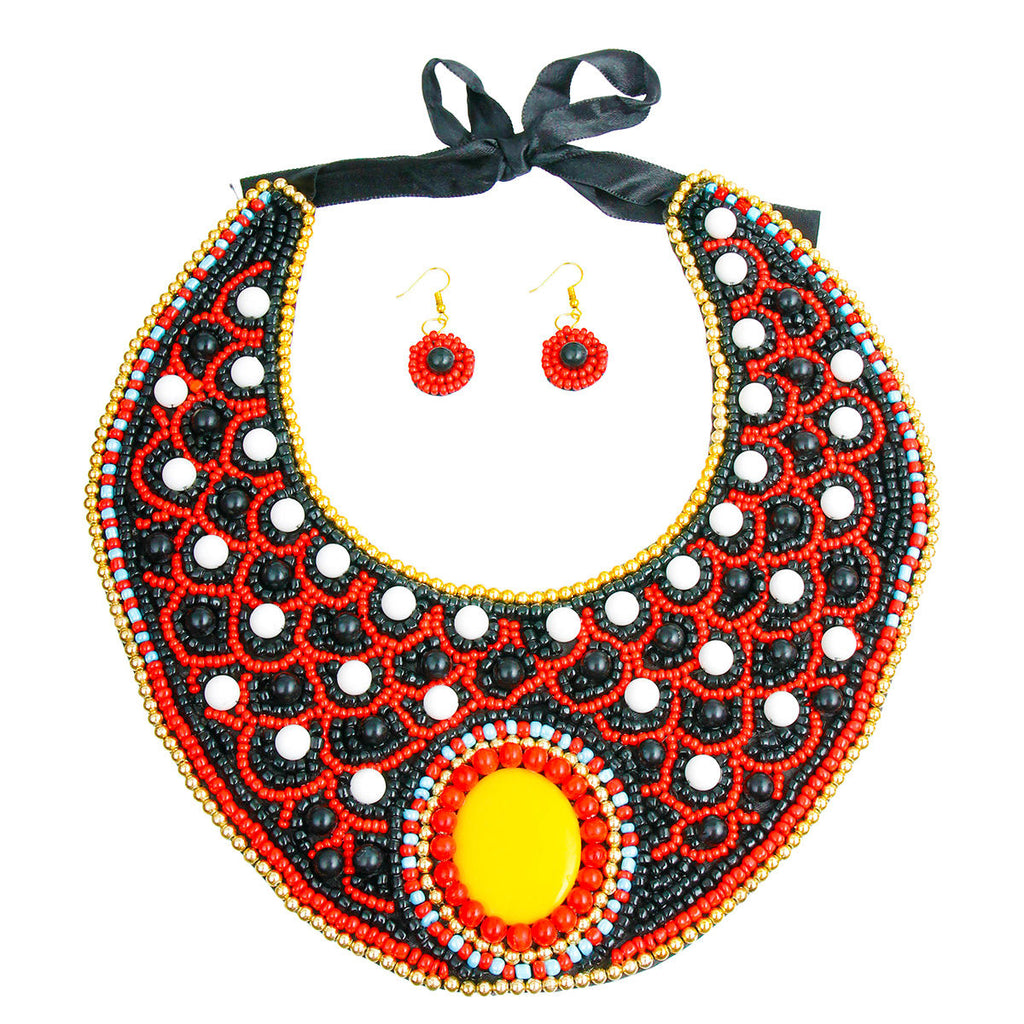 Statement Bib Necklace Set Multi Color Embroidered Stylish Fashion Jewelry