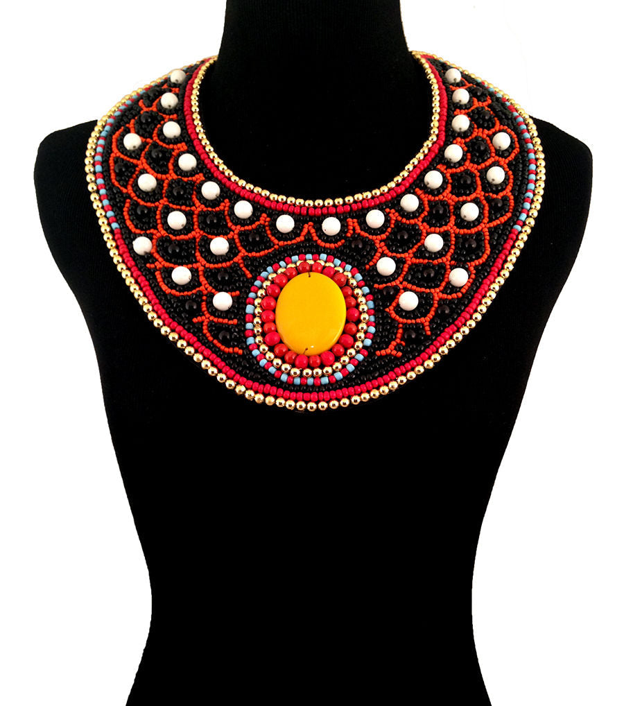 Statement Bib Necklace Set Multi Color Embroidered Stylish Fashion Jewelry