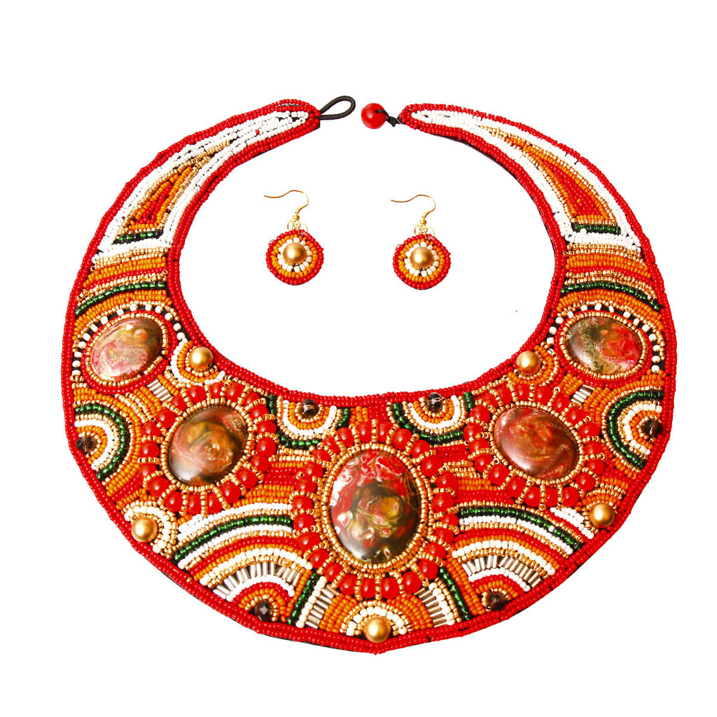 Statement Bead Round Collar Bib Necklace Set RW Orange Stylish Jewelry Accessory