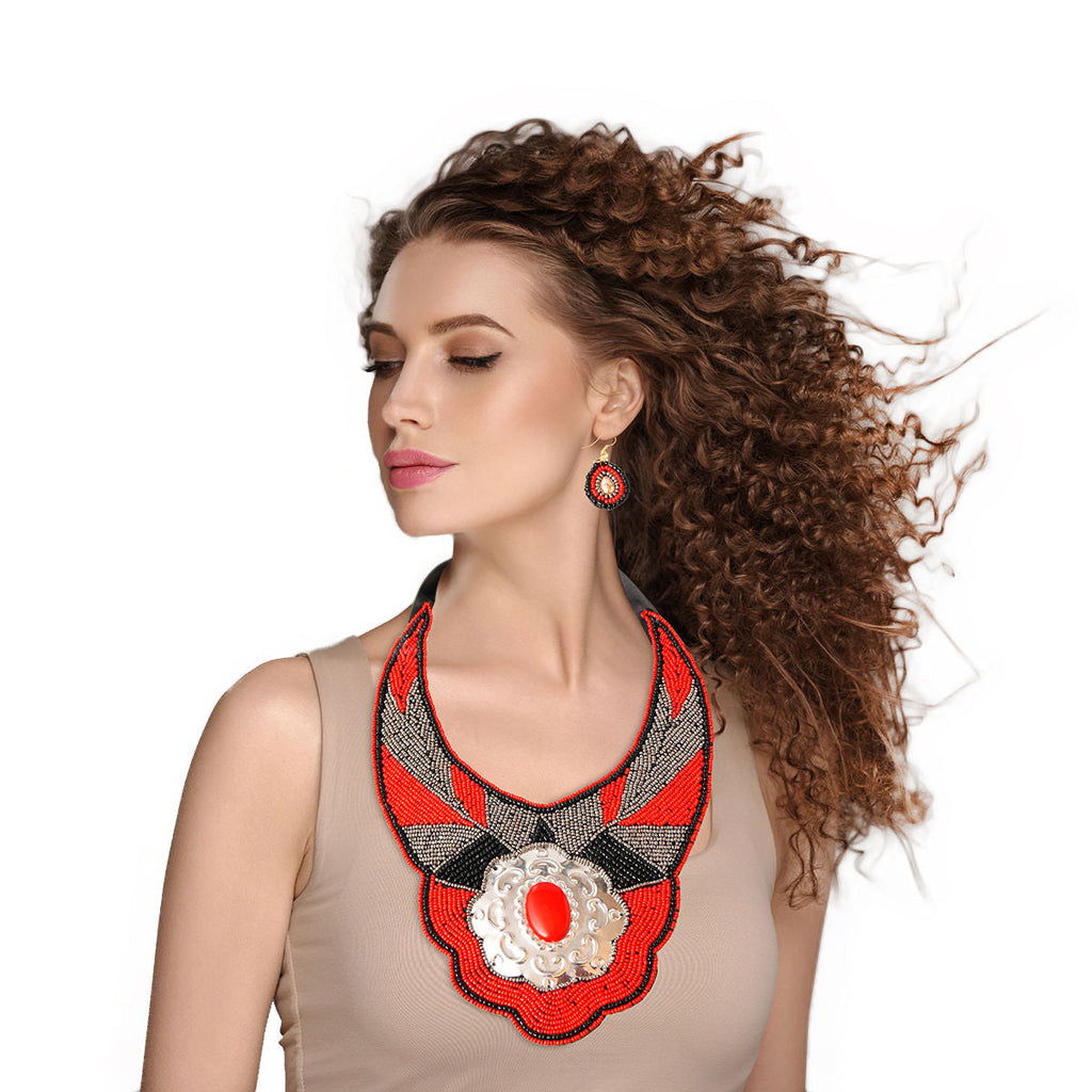 Statement Beaded Bib Necklace Set in Red and Silver – Trendy Fashion Jewelry